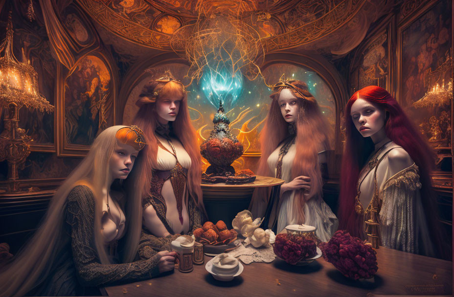 Four red-haired women around glowing orb at ornate table