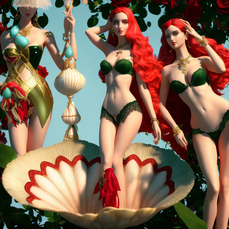 Three Red-Haired Mermaids in Green Tails Inside Giant Clamshell surrounded by Roses