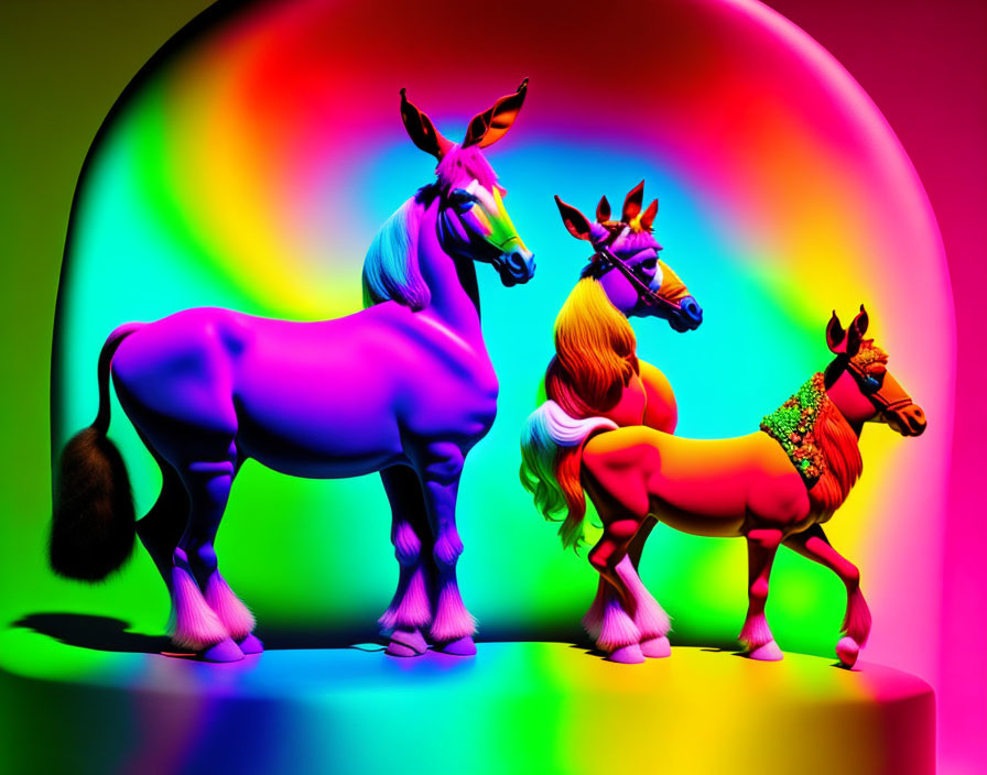 Three Vibrant Multicolored Horses on Neon Rainbow Background