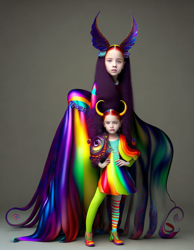 Children in rainbow and horn fantasy costumes on grey background