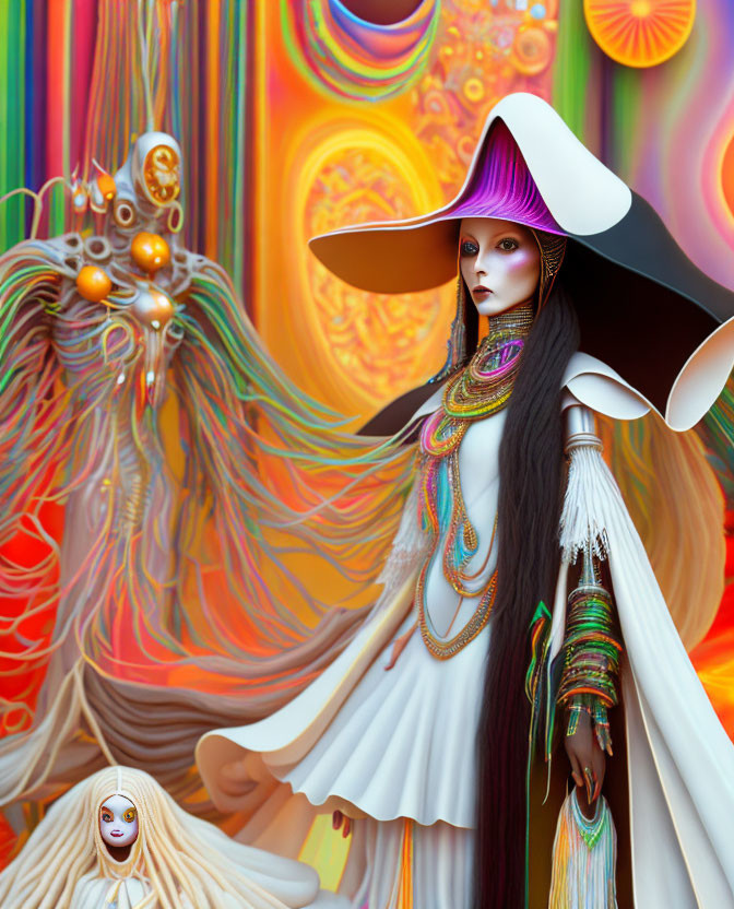 Vibrant surreal artwork: ethereal figure in ornate attire with abstract colorful forms.