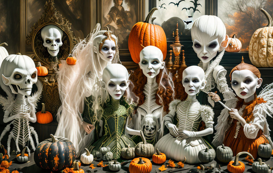 Elaborate skeletal makeup group with pumpkins and gothic decor