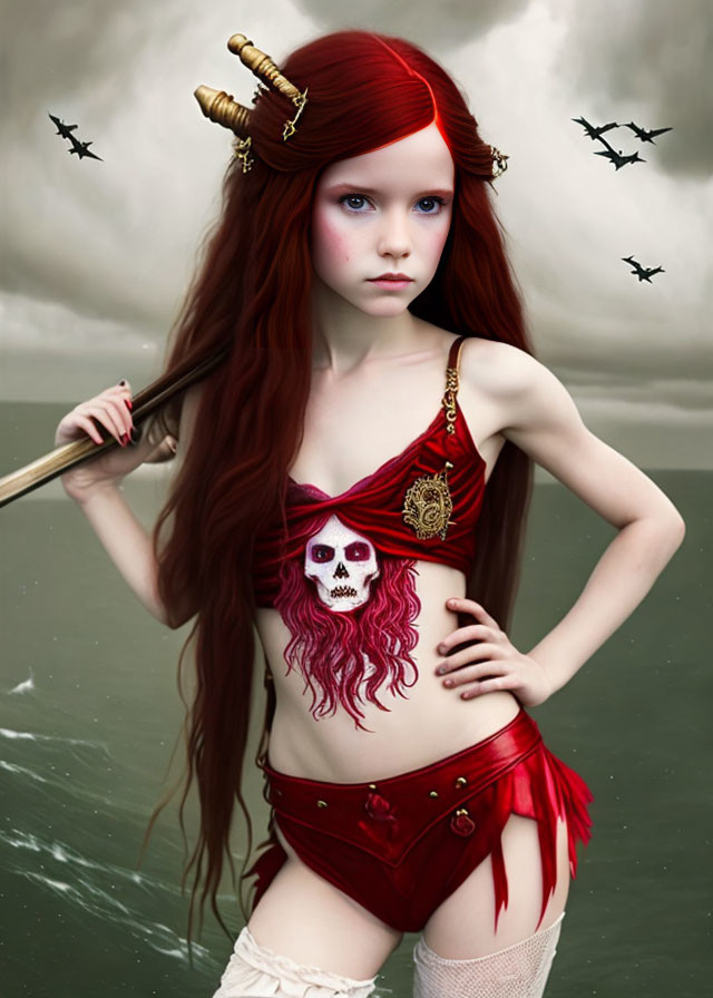 Red-Haired Girl with Horns Holding Staff in Skull Outfit on Stormy Sea Background