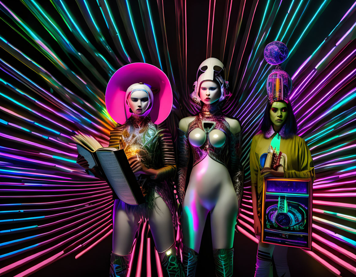 Three people in futuristic costumes against vibrant neon backdrop