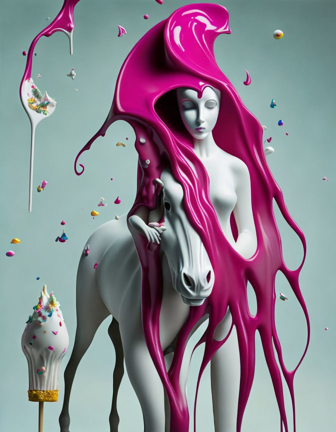 Surreal fusion of woman and horse in pink liquid with floating elements