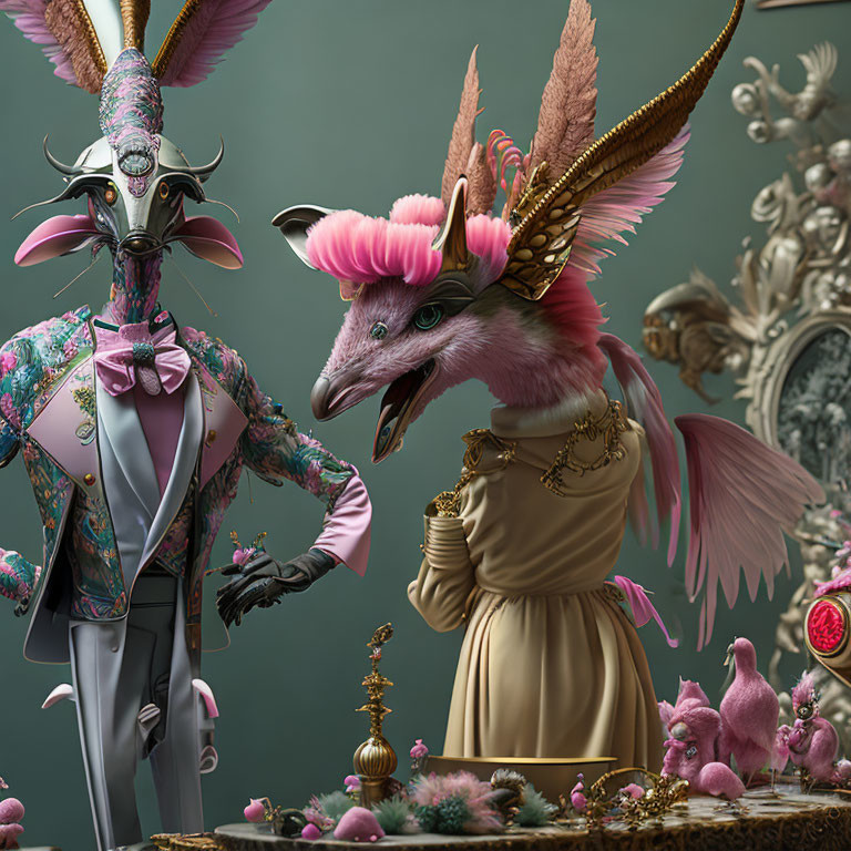 Fantastical bird-headed humanoids in elegant attire in opulent setting