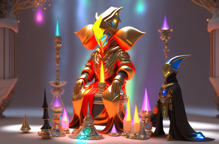 Stylized robotic knights in red and gold and black and blue surrounded by colorful crystal towers in a