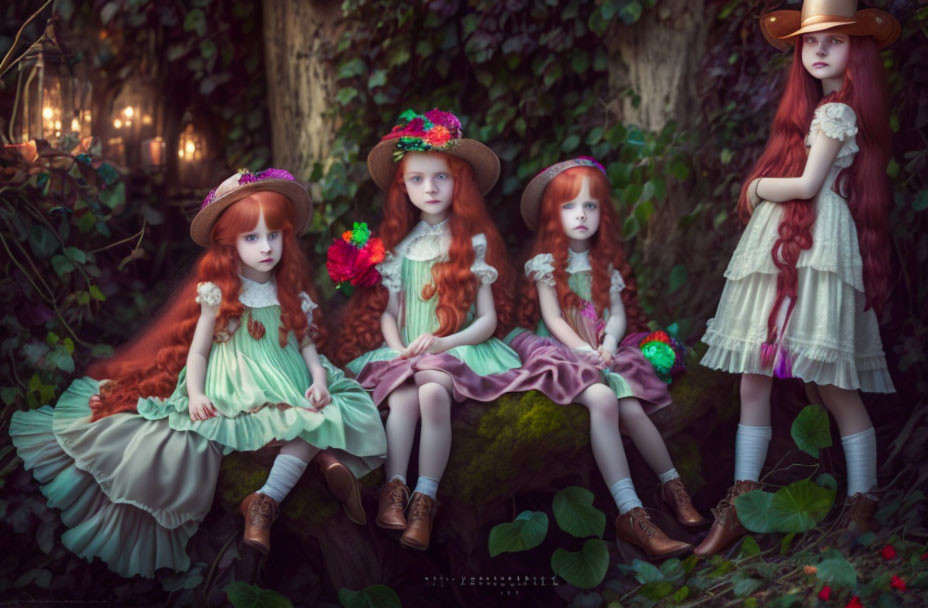 Four red-haired dolls in vintage dresses and floral hats in a whimsical garden scene.