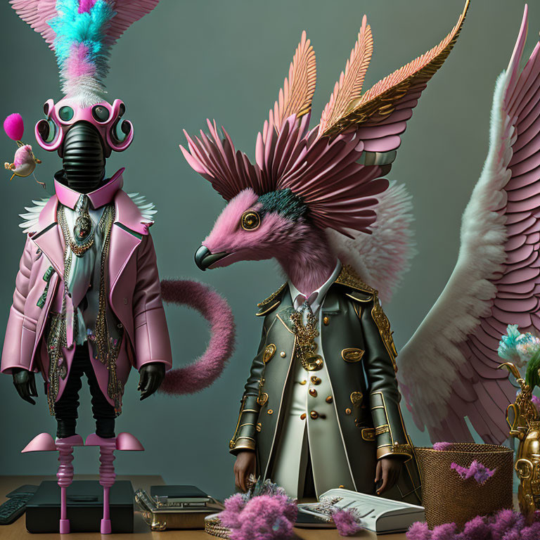 Anthropomorphic characters with bird and mammalian features in vintage room setup