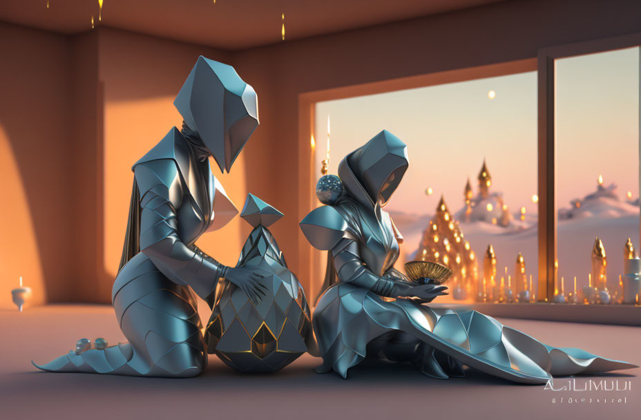 Stylized metallic humanoid figures with geometric object in ambient room