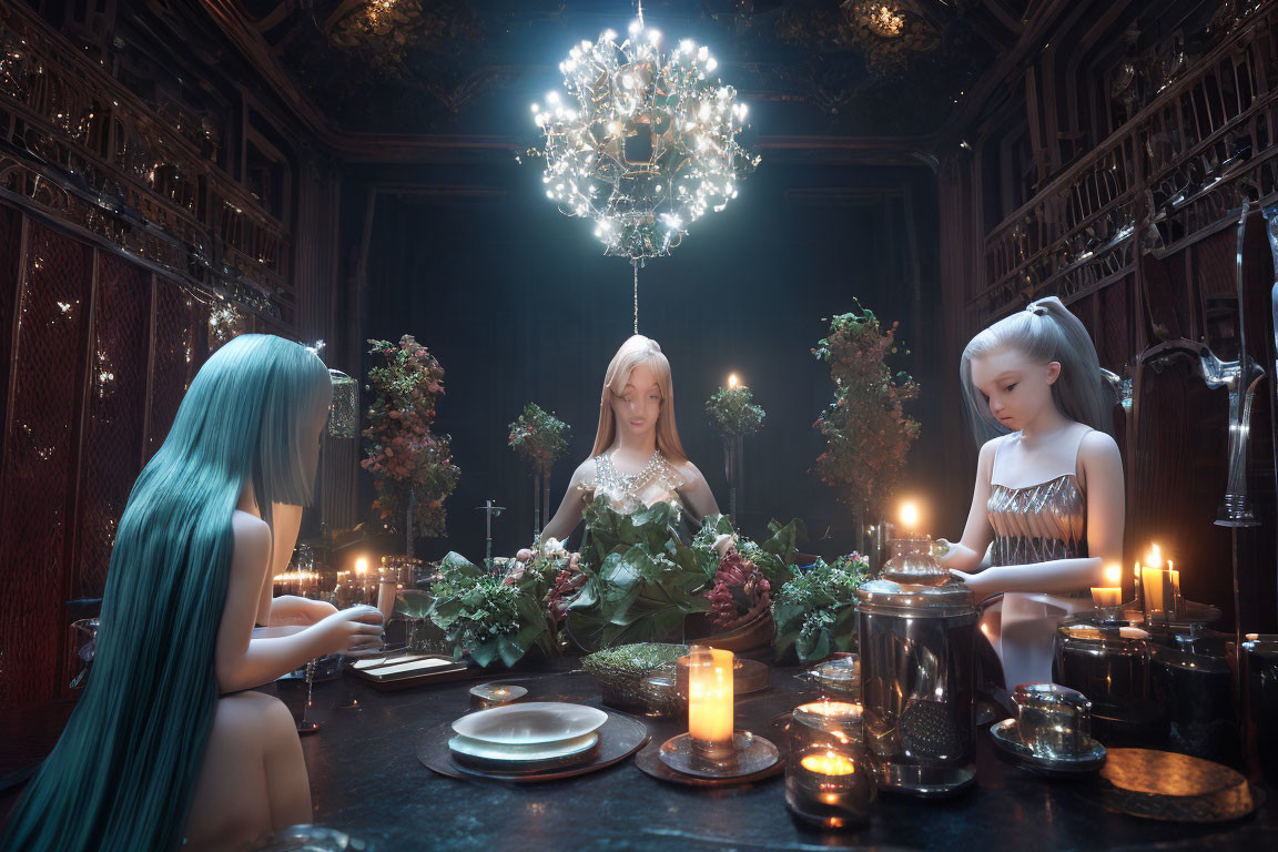 Three individuals with unique hairstyles in opulent room with chandelier