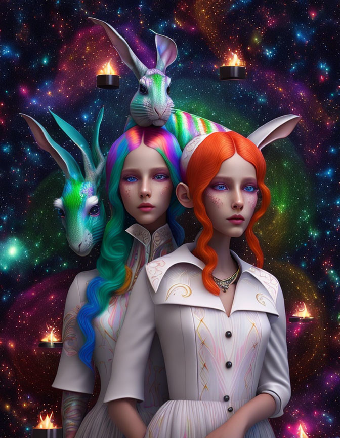 Surreal portrait of two women with hare ears and vibrant hair colors