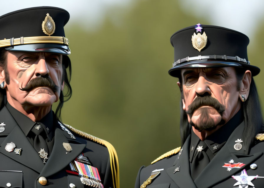 Military men in uniforms with medals and mustaches wearing peaked caps.
