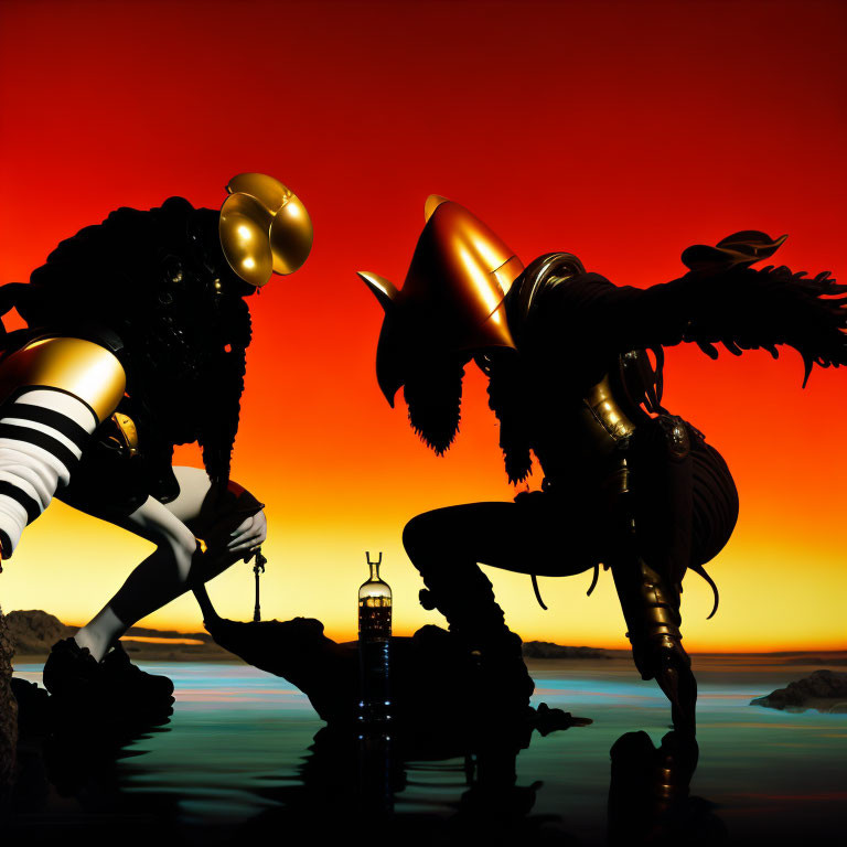 Futuristic warriors in armor face off at sunset by tranquil water with vivid orange sky.