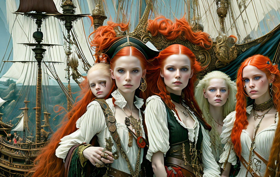 Four women with striking red hair in piratical attire by tall ship