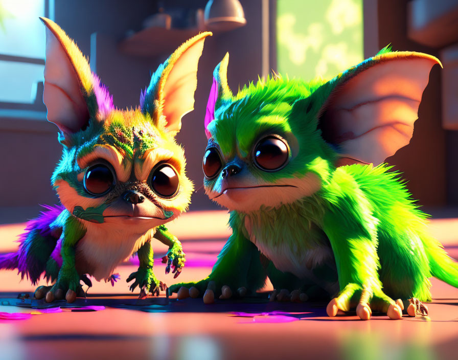 Colorful animated creatures with bat-like wings on wooden surface in warm light