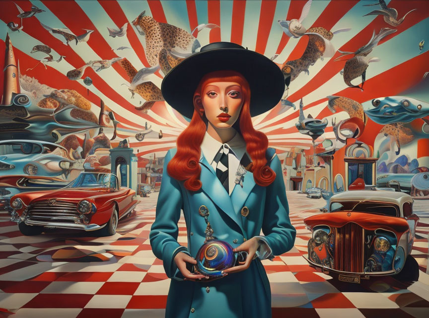 Woman in Red Hat with Surreal Fish and Striped Tent Space