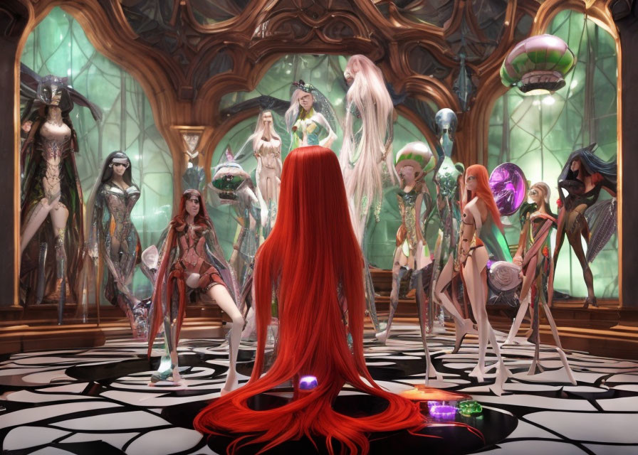 Diverse female fantasy characters in ornate Gothic room