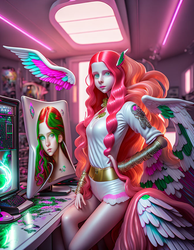 Digital illustration: Winged character with pink hair in futuristic attire in neon-lit room.