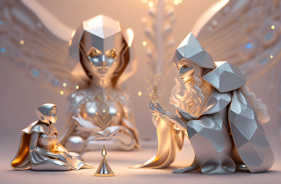 Metallic geometric figures in mystical scene: seated with orb, kneeling, and watching.