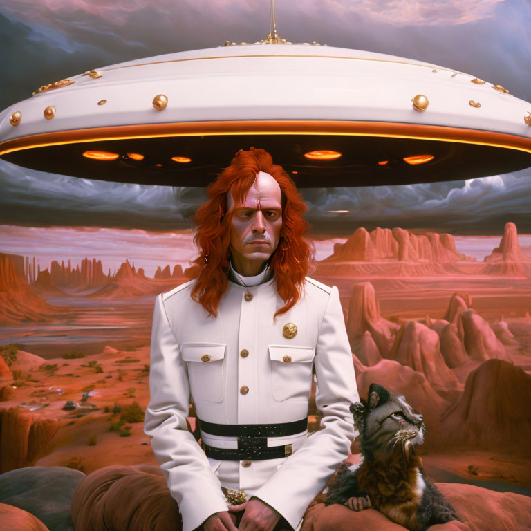 Red-haired person in white uniform with raccoon under UFO in desert landscape