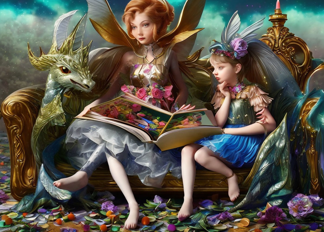 Fantastical scene with fairy-like figures, dragon, and colorful flowers.