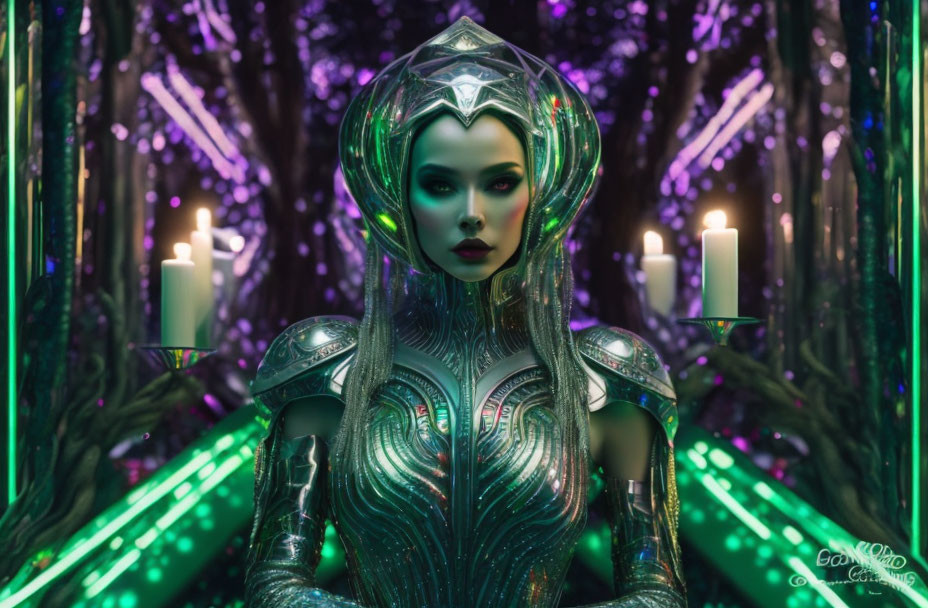 Mystical woman in silver armor among green crystals and candles