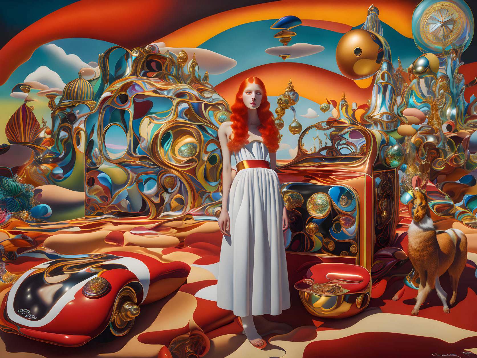 Surreal landscape featuring red-haired woman, fantastical architecture, red beetle car, dog, and