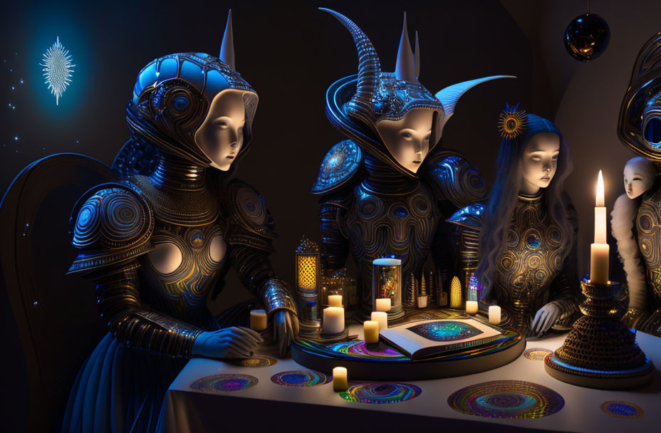 Futuristic humanoid robots playing board game in dimly lit room