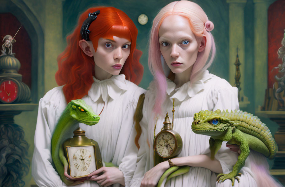 Two women with unique hairstyles and green lizards in vintage setting.