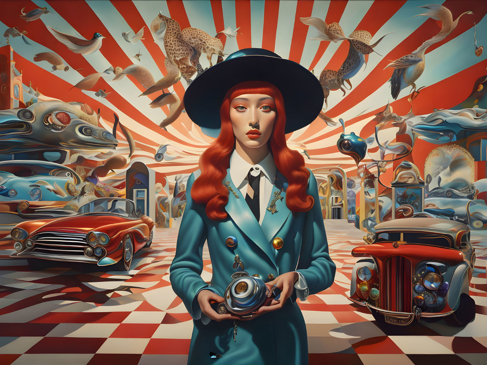 Surreal painting of woman with camera and whimsical elements