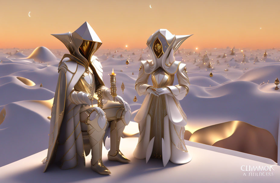 Stylized armored figures in desert landscape with crescent moons