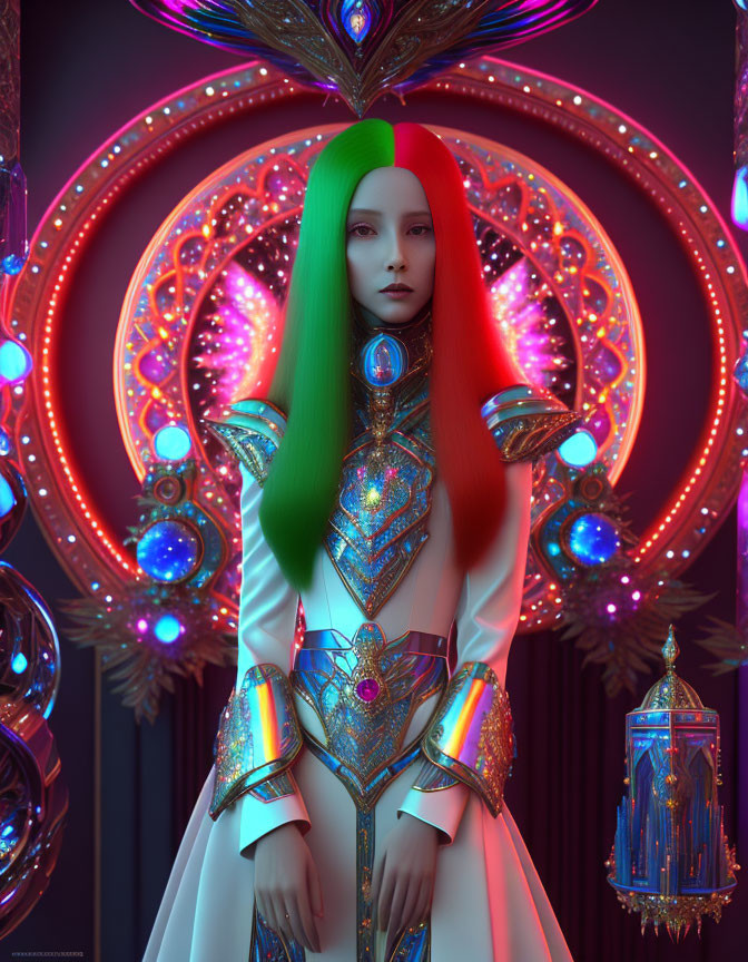 Vibrant green and red hair on a woman in futuristic white outfit