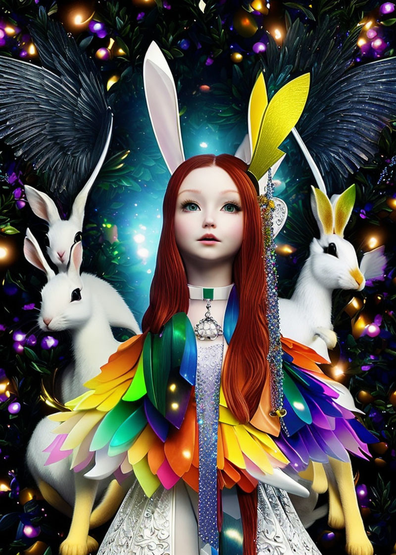 Digital illustration of female figure with red hair, rabbit ears, white rabbits, colorful feathers, and dark