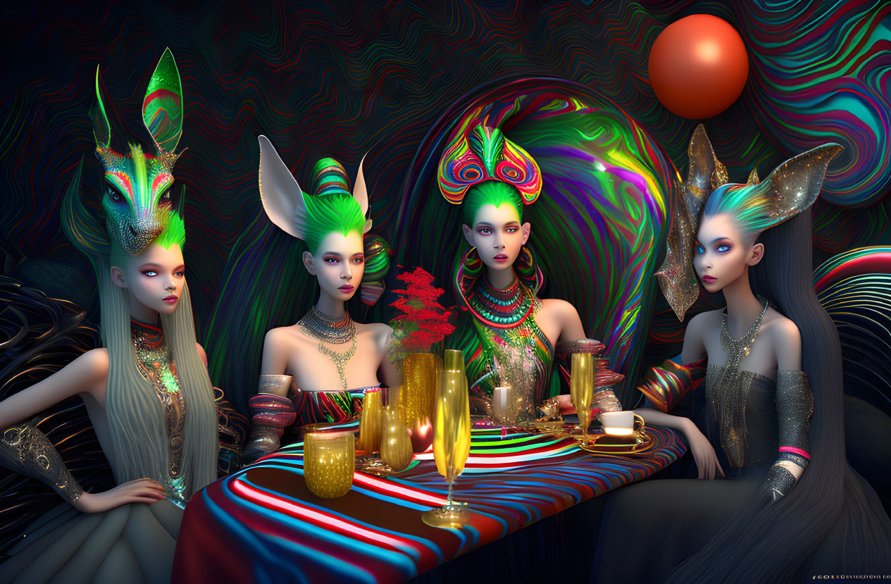 Colorful Psychedelic Scene: Stylized Humanoid Characters at Festive Table