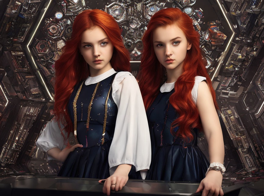 Red-haired girl in white blouse and dark dress mirroring against metallic backdrop