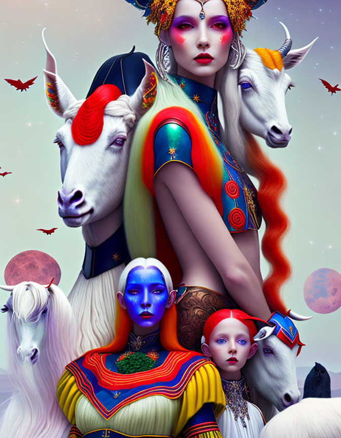 Vibrant fantasy art: Blue-skinned characters with intricate headgear, goats, horse, bats