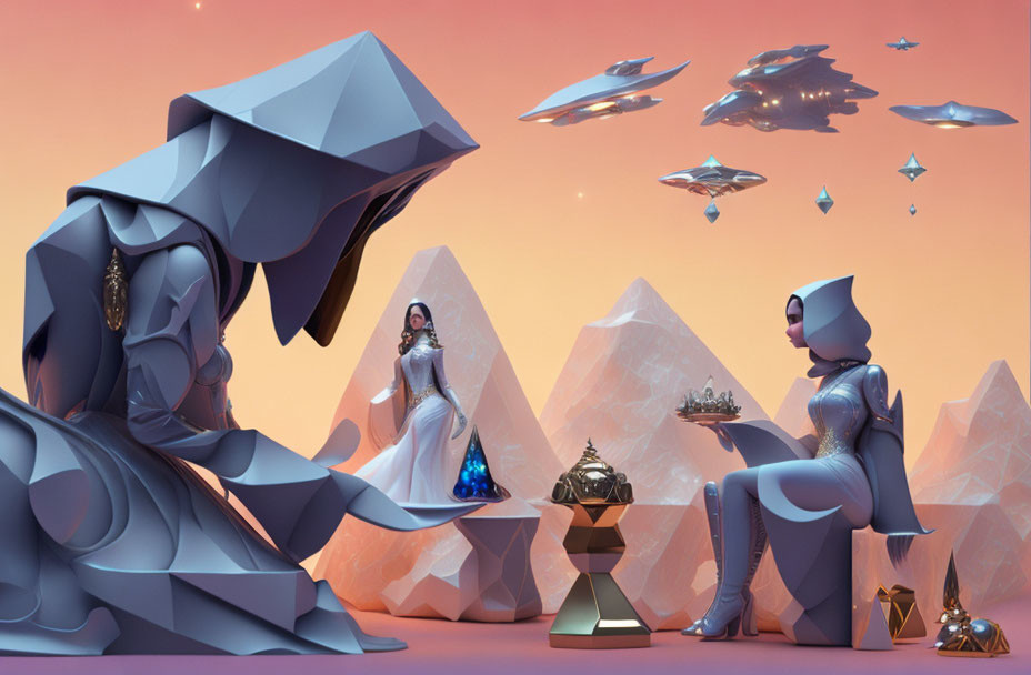 Digital artwork: Two humanoid figures, woman in dress, geometric designs, floating crystals, hovering ships on