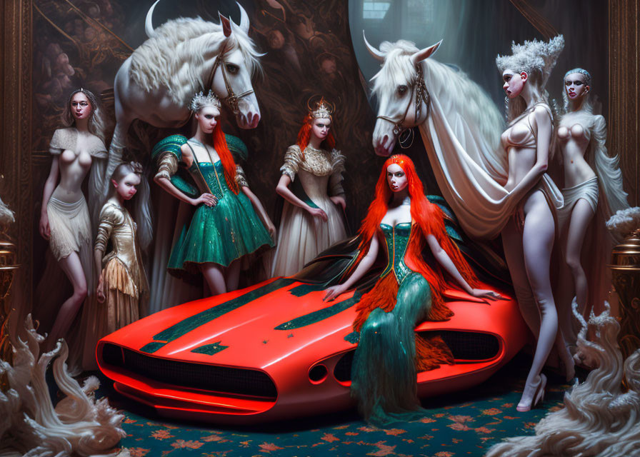 Fantasy scene with red-haired woman, unicorns, and ethereal figures in luxurious room