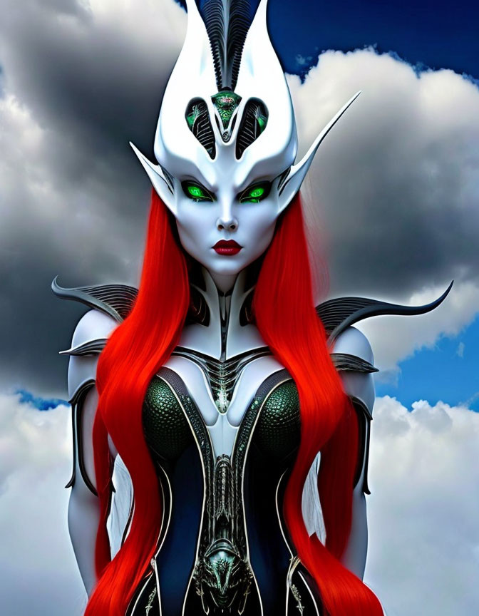 Red-haired woman in white and silver fantasy armor against cloudy sky