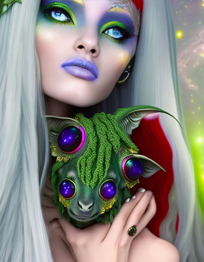 Person with Striking Makeup Holding Fantastical Green Creature Against Starry Backdrop