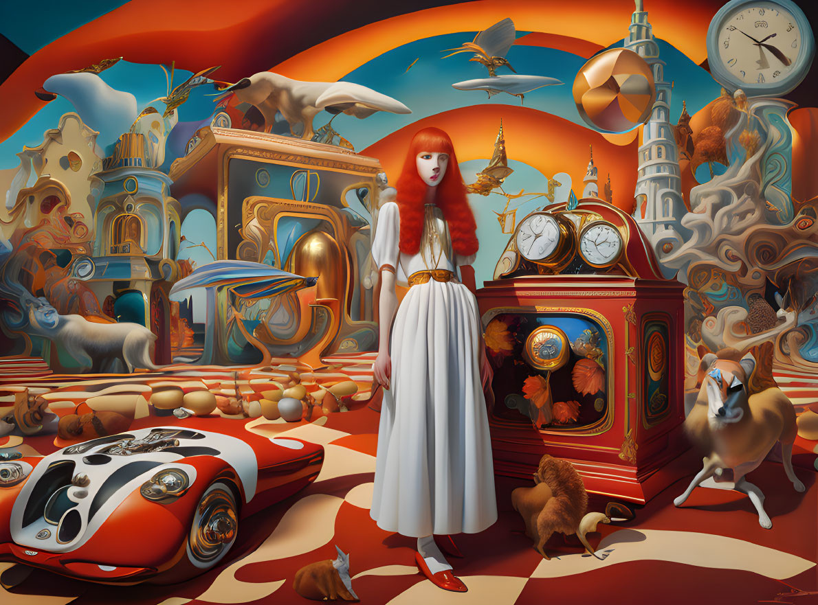 Surreal painting featuring red-haired woman, fantastical architecture, sports car, clocks, birds,