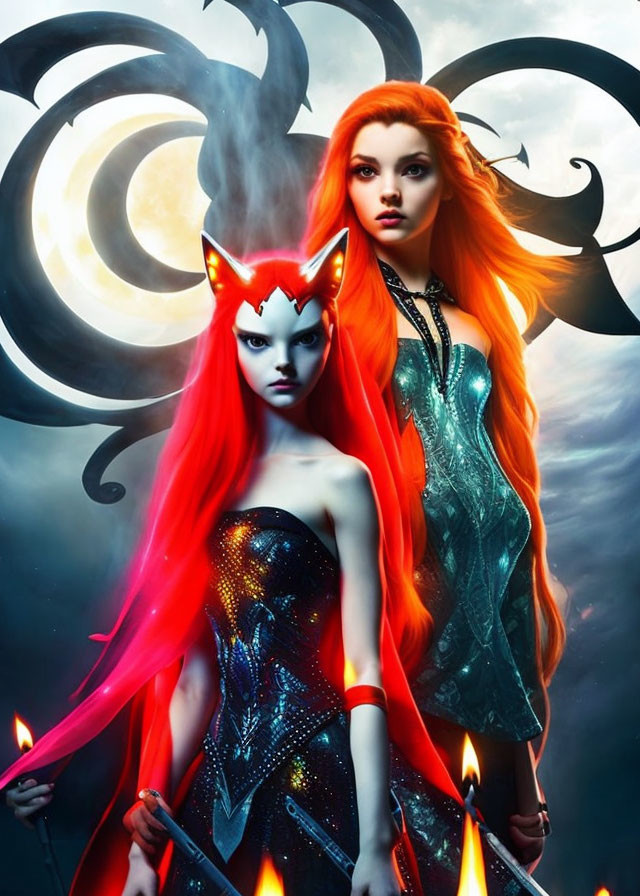 Fantasy woman with fiery red hair and fox mask holding a staff in front of crescent moons.