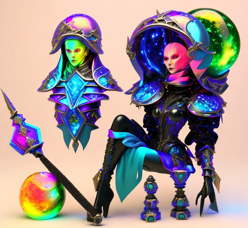 Futuristic female character with elaborate armor and neon highlights near a spherical object and futuristic weapon.