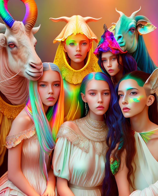 Fantasy-themed photo: Five models with colorful hair and makeup alongside three whimsical goats