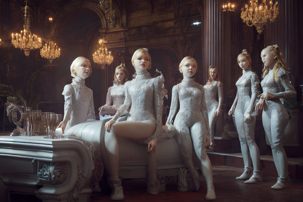 Matching Attire Humanoid Figures in Opulent Room