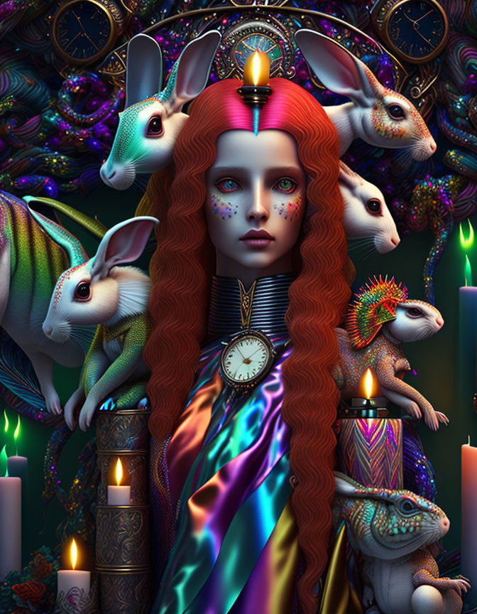 Vibrant surreal portrait with red-haired woman, rabbits, patterns, candles, and clock