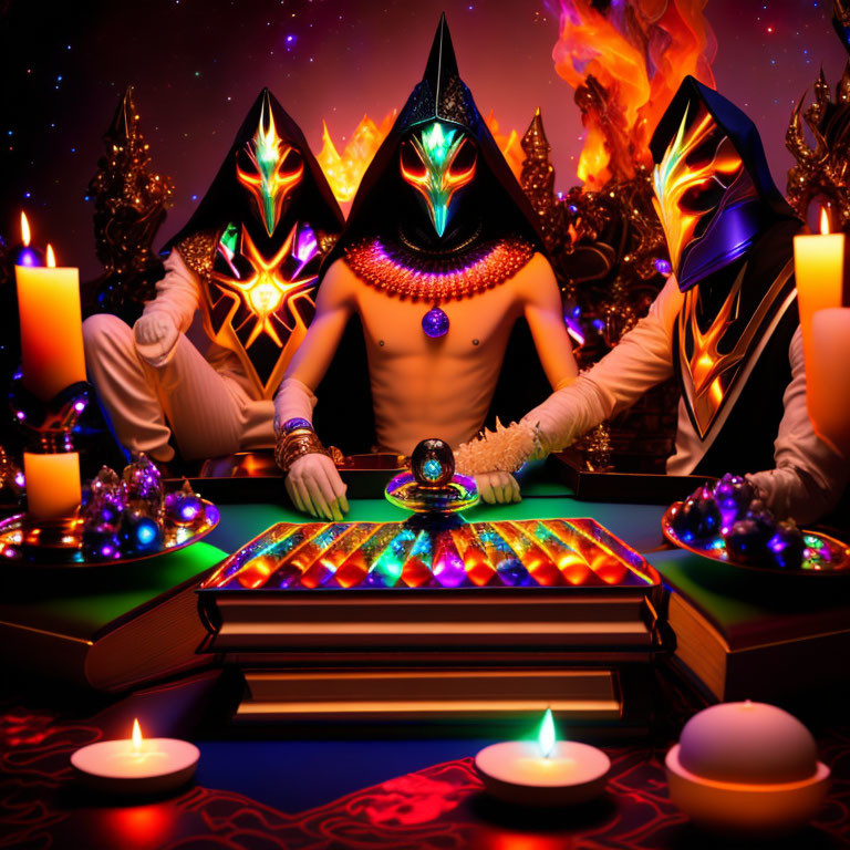 Three individuals in glowing geometric masks at table with crystal ball, candles, books, Christmas trees