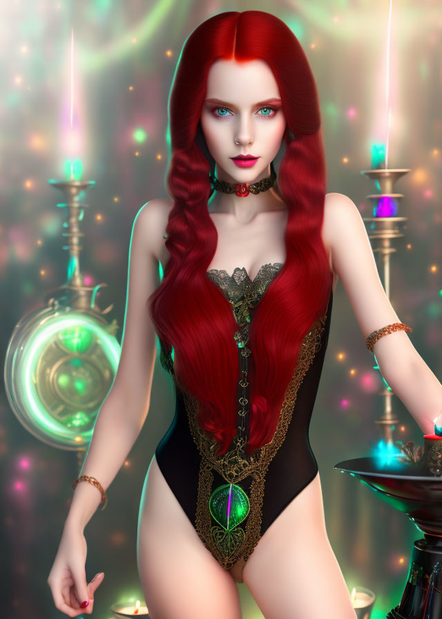 Red-haired female in dark bodysuit with green eyes, choker, and bracelets among glowing orbs