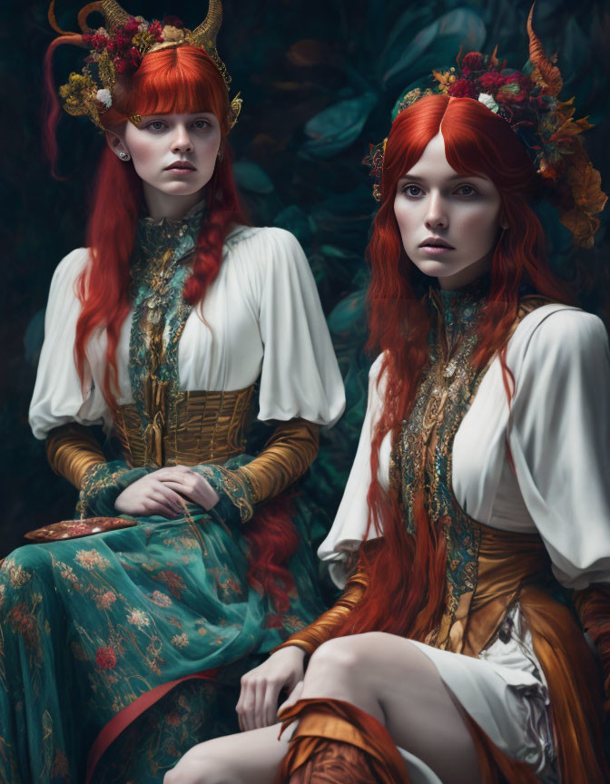 Two women in fantasy costumes with antler headpieces and golden embroidery in mystical forest setting.